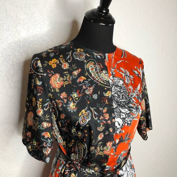 Zara red orange black white floral tie waist asymmetrical hem top size Medium - Picture 3 of 16